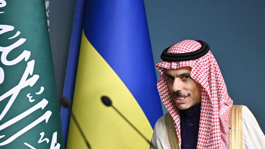 Saudi Arabia's Minister of Foreign Affairs Prince Faisal bin Farhan Al-Saud arrives for joint press conference with head of the office of the president of Ukraine and foreign minister of Ukraine in Kyiv on Feb. 26, 2023.