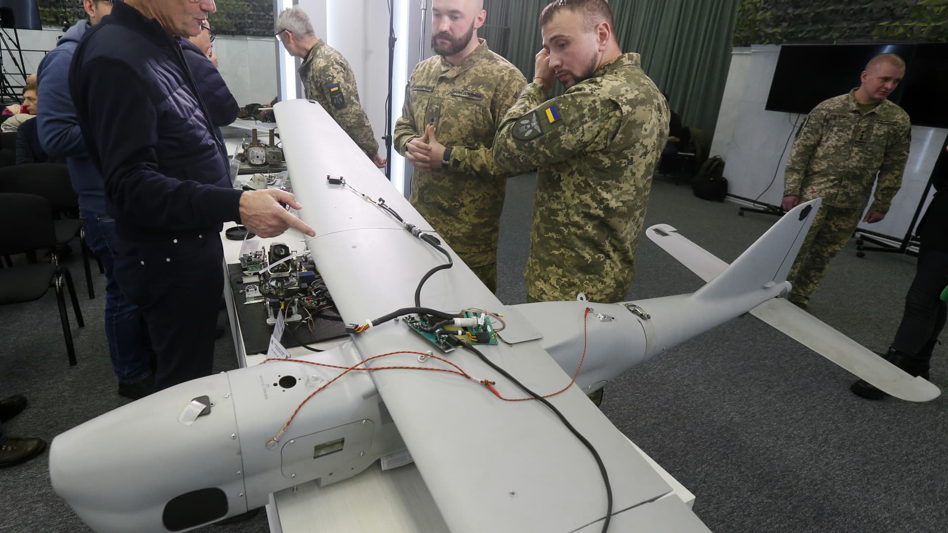 Parts of UAV (unmanned aerial vehicles): Orlan-10, Granat-3 , Shahed-136, Eleron-3-SV, used by the Russia against Ukraine, are seen during a media briefing of the Security and Defense Forces of Ukraine in Kyiv, Ukraine on 15 December 2022.