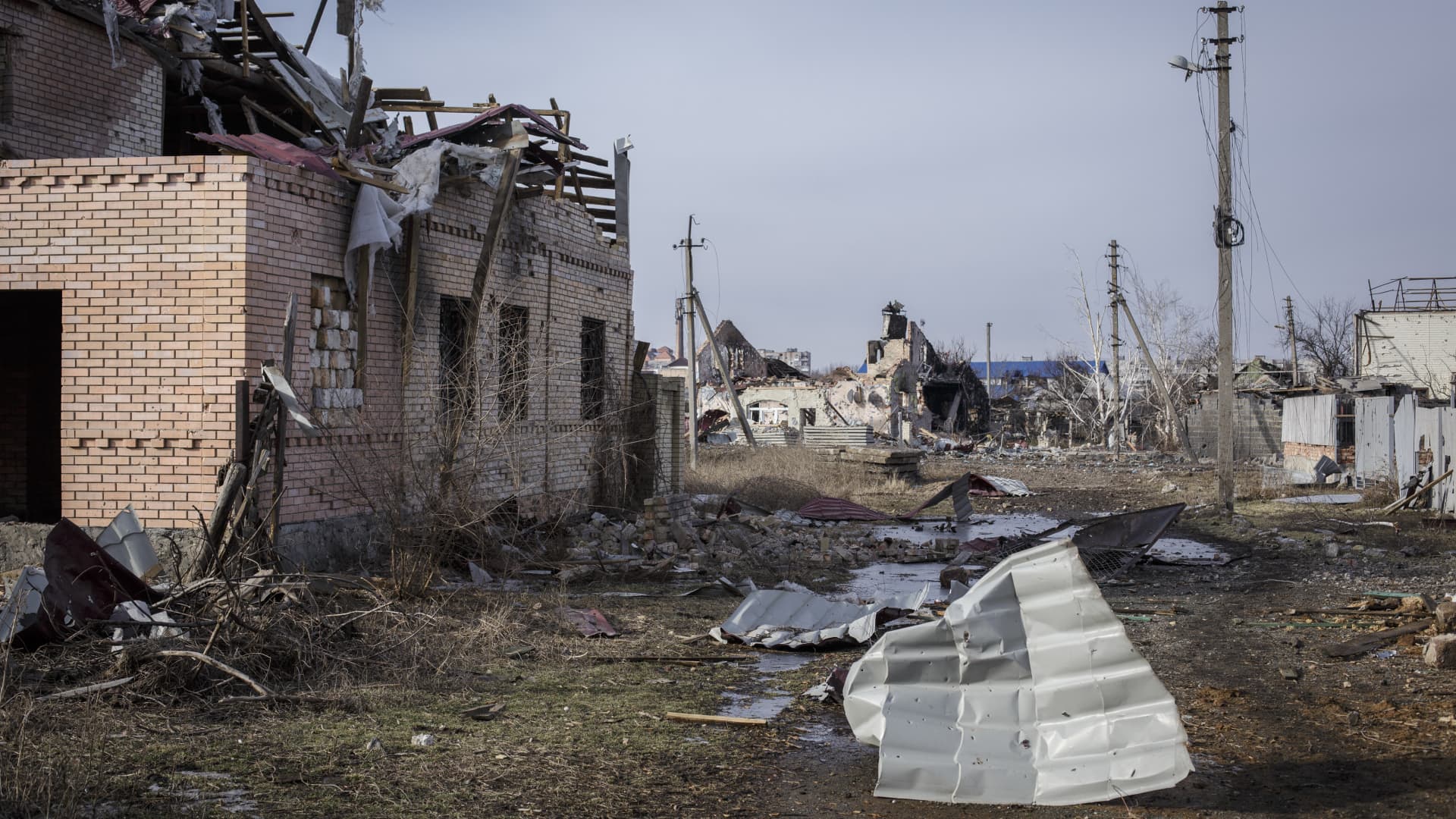 A view of damage after attacks as Russia-Ukraine war continues in Bakhmut, Ukraine on Feb. 24, 2023.