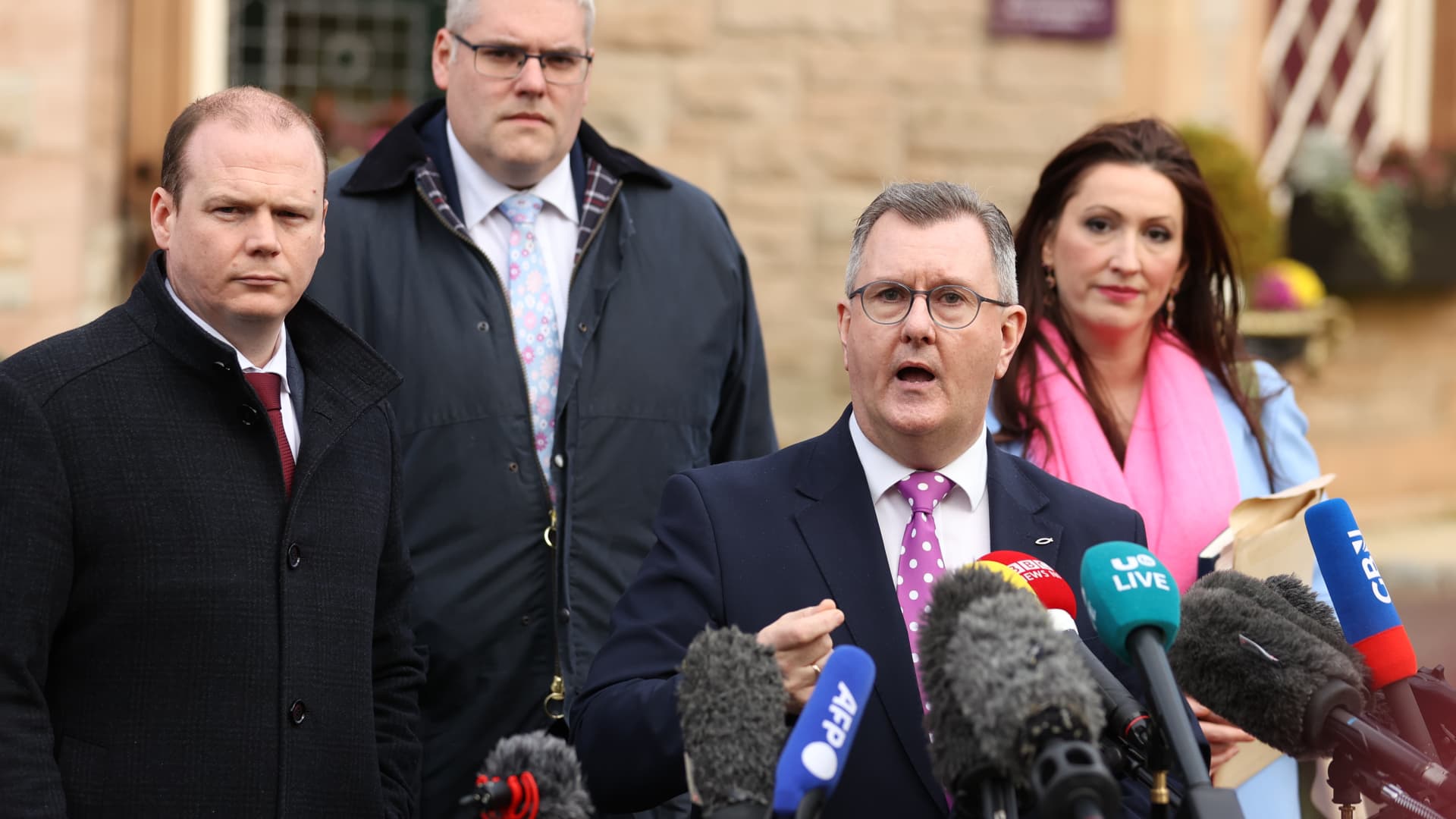 BELFAST, U.K., Feb. 17, 2023: DUP Leader Sir Jeffrey Donaldson speaks to reporters outside the Culloden Hotel in Belfast after Northern Irish leaders held talks with U.K. Prime Minister Rishi Sunak over the Northern Ireland Protocol.