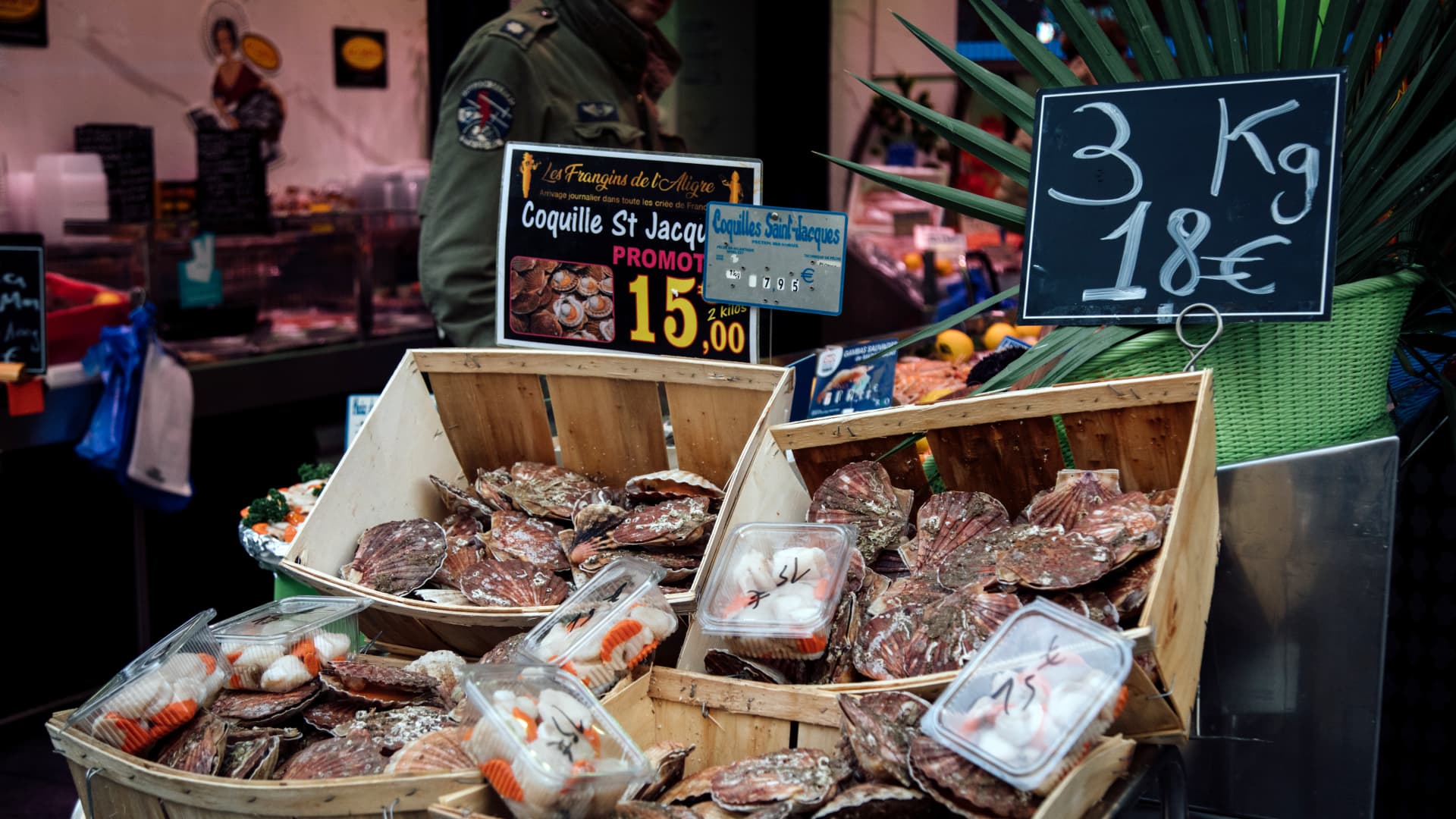 A seafood stall in in Paris on Feb. 15, 2023.