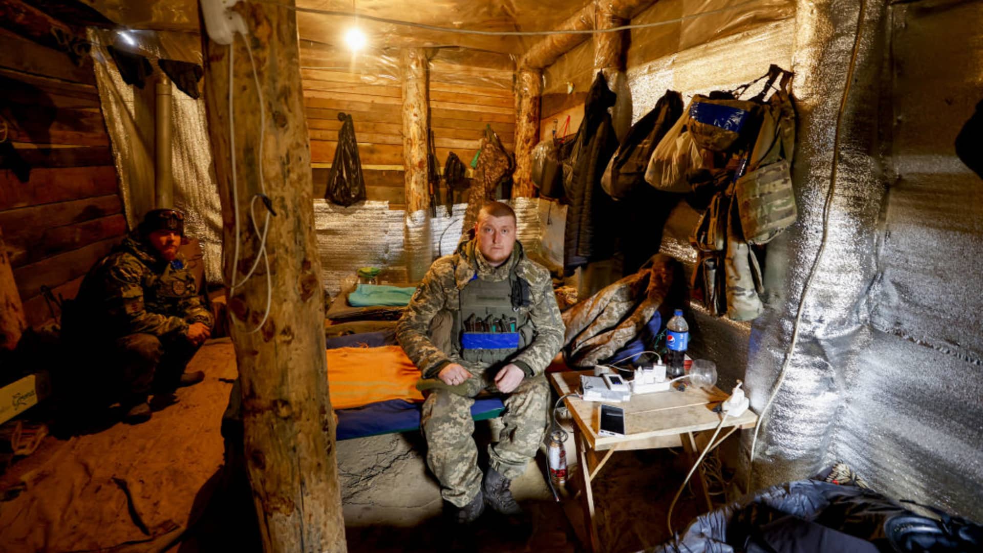 Soldiers stationed at the front of the 59th cavalry of the Ukrainian Army, who spent their time outside of their duties in the shelter, are viewed in Donetsk Oblast, Ukraine on Feb 27, 2023. 