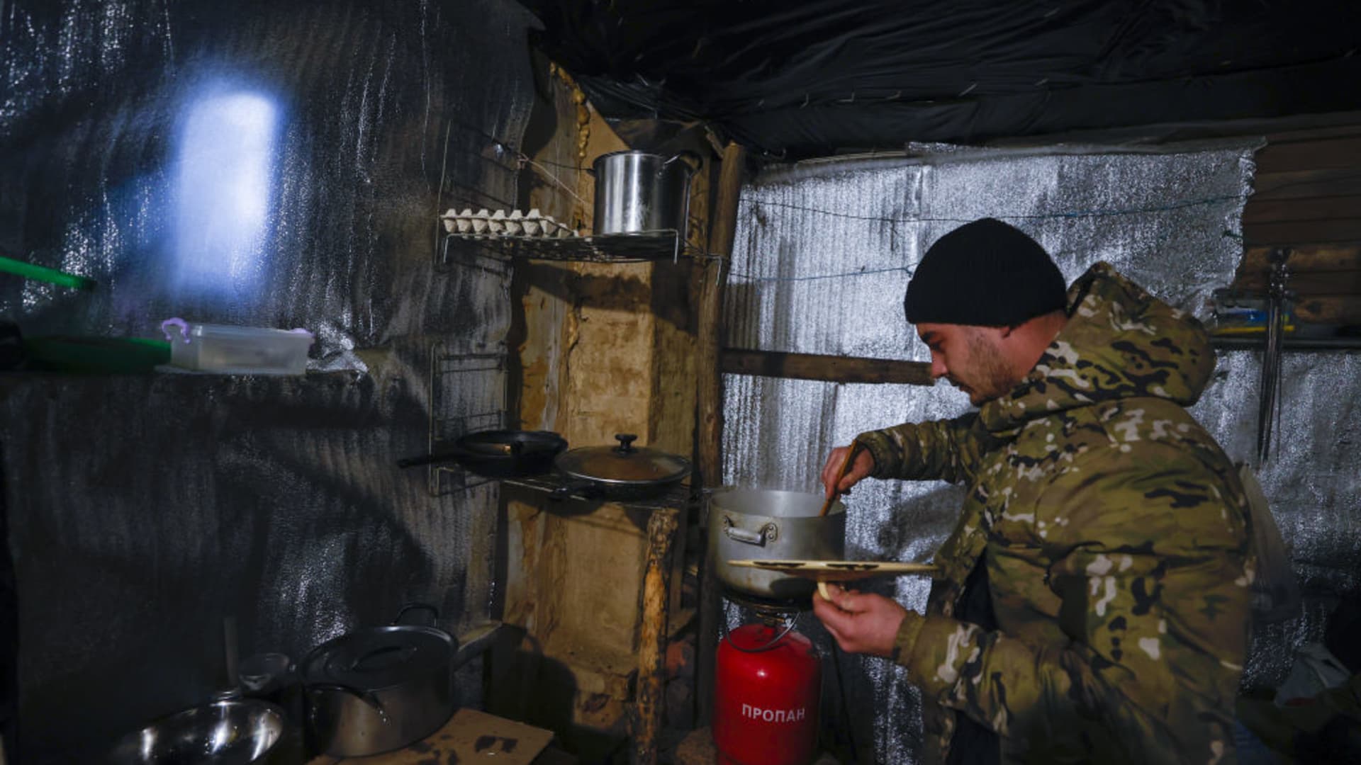 Soldiers stationed at the front of the 59th cavalry of the Ukrainian Army, who spent their time outside of their duties in the shelter, are viewed in Donetsk Oblast, Ukraine on Feb 27, 2023.