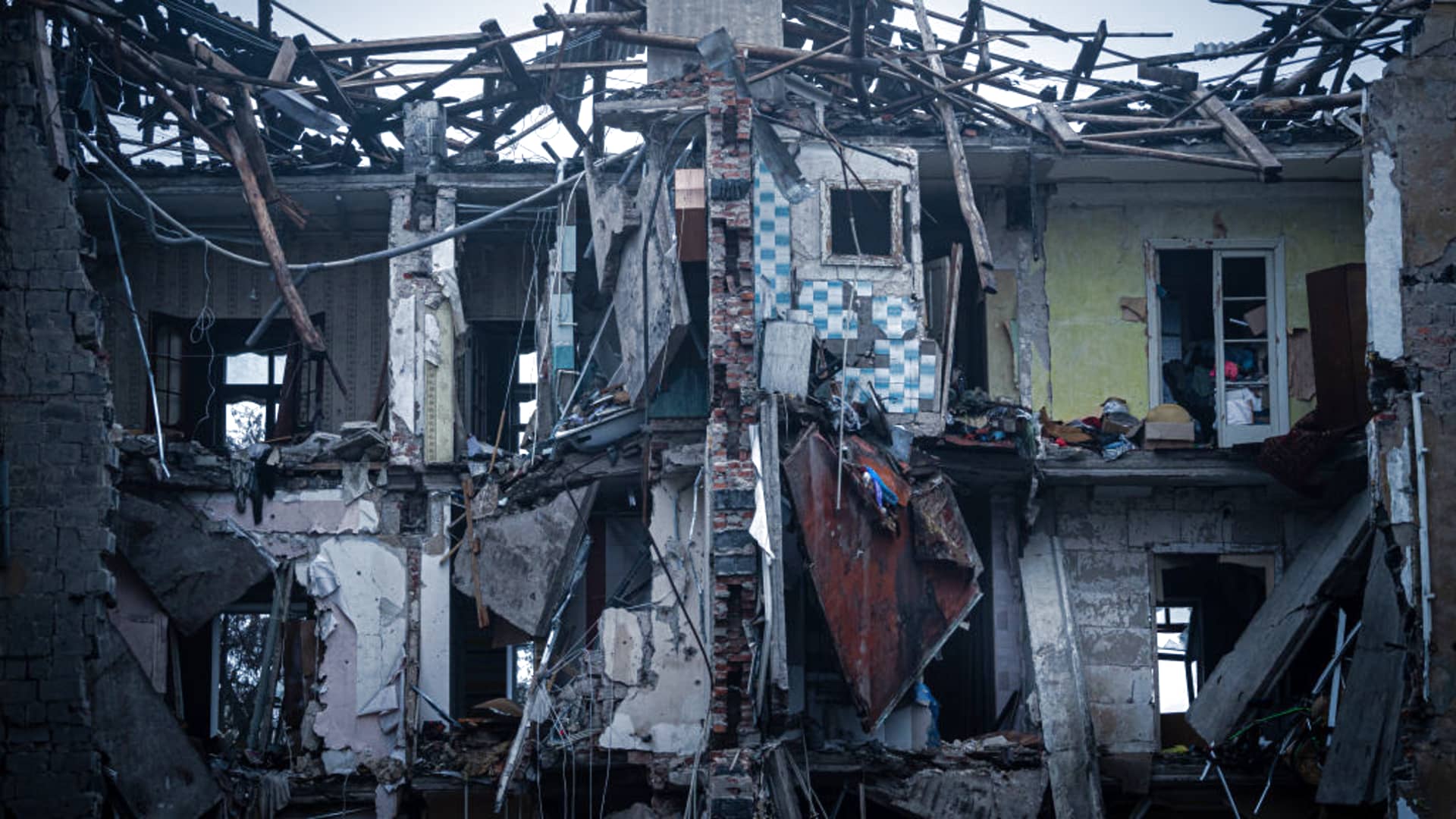 A view of the damaged building after Russian rocket attack as military mobility continues within the Russian-Ukrainian war in Kramatorsk, Ukraine on February 28, 2023.