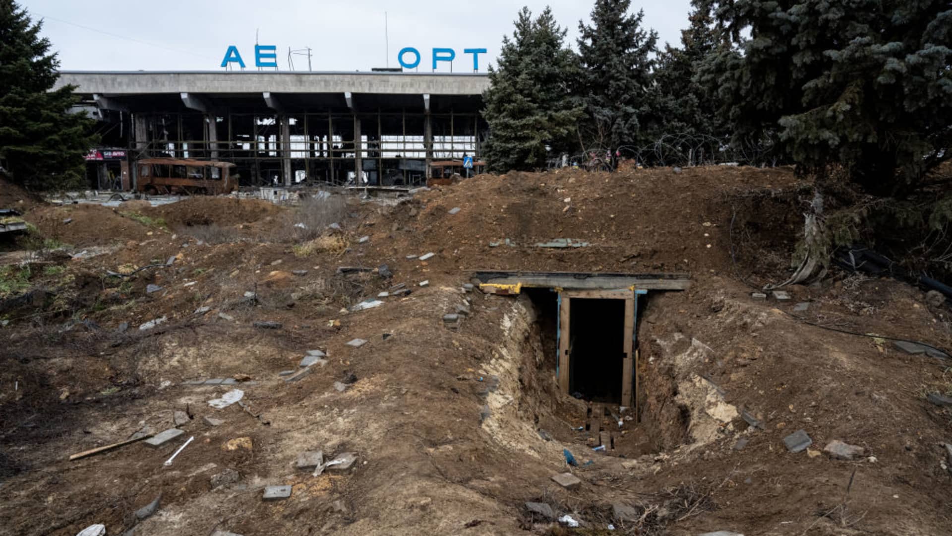 An abandoned Russian dugout at Ukraine's Kherson International Airport, which Russian forces fled in November 2022.