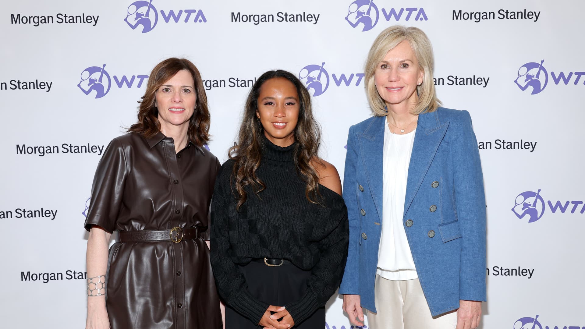 Alice Milligan, Leylah Annie Fernandez and Micky Lawler attend the Morgan Stanley x Women's Tennis Association Partnership Launch on March 01, 2023 in New York City.