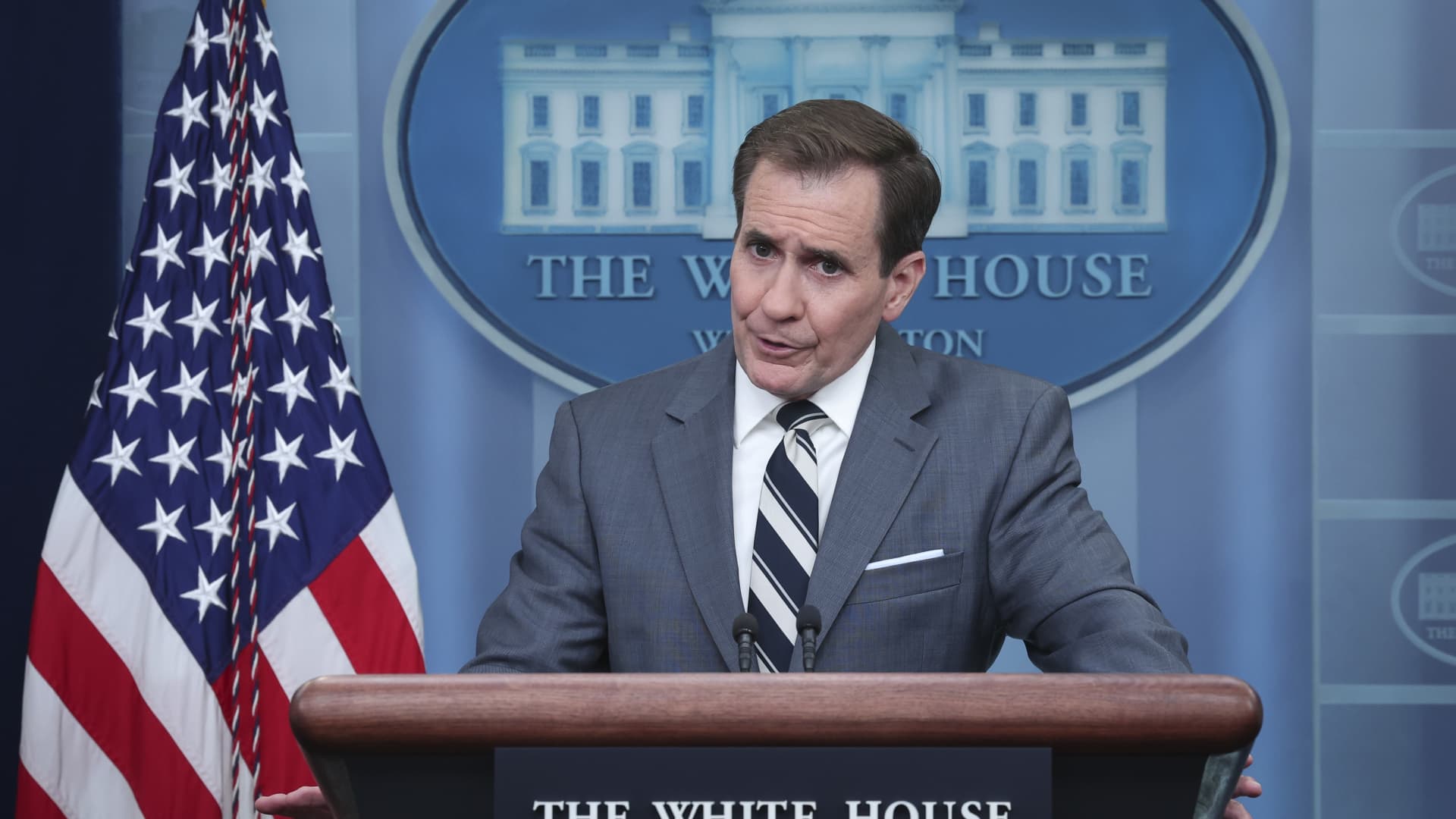 John Kirby, Coordinator for Strategic Communications at the National Security Council, answers questions during the daily press briefing at the White House on March 2, 2023 in Washington, DC.