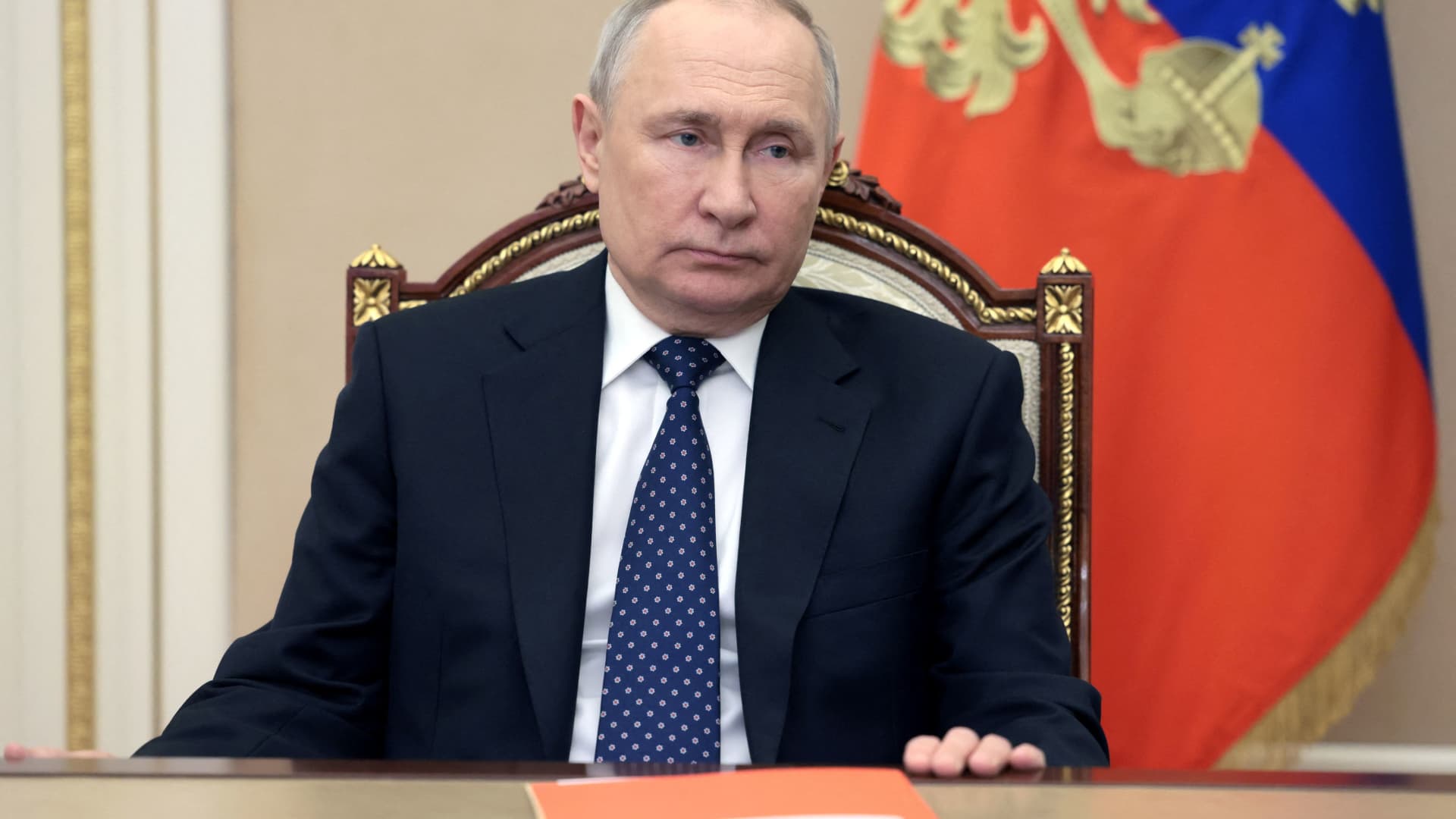 Russian President Vladimir Putin chairs a meeting with members of the Security Council via a video link in Moscow, Russia, March 3, 2023. 