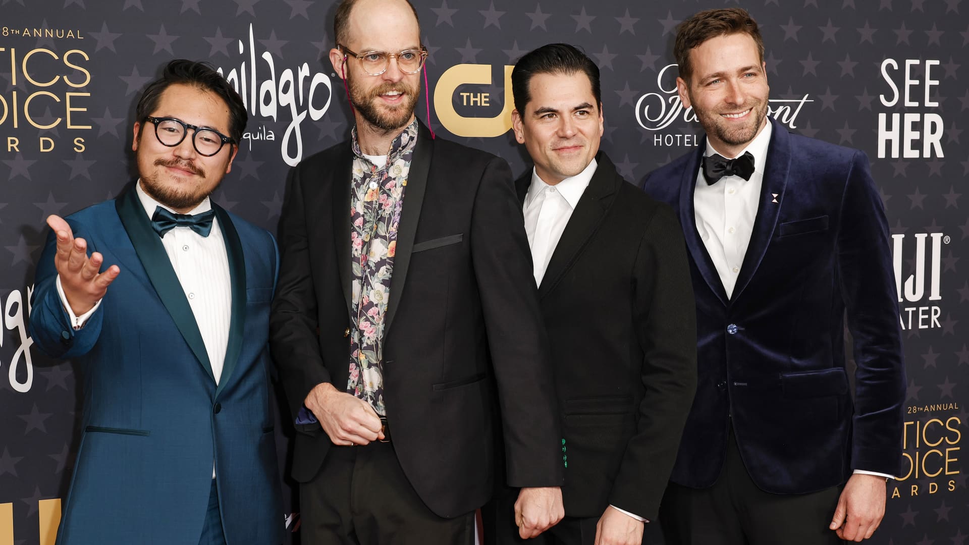 (From left) 'Everything Everywhere All at Once' directors Dan Kwan and Daniel Scheinert, producer Jonathan Wang and editor Paul Rogers at the 28th Annual Critics Choice Awards.