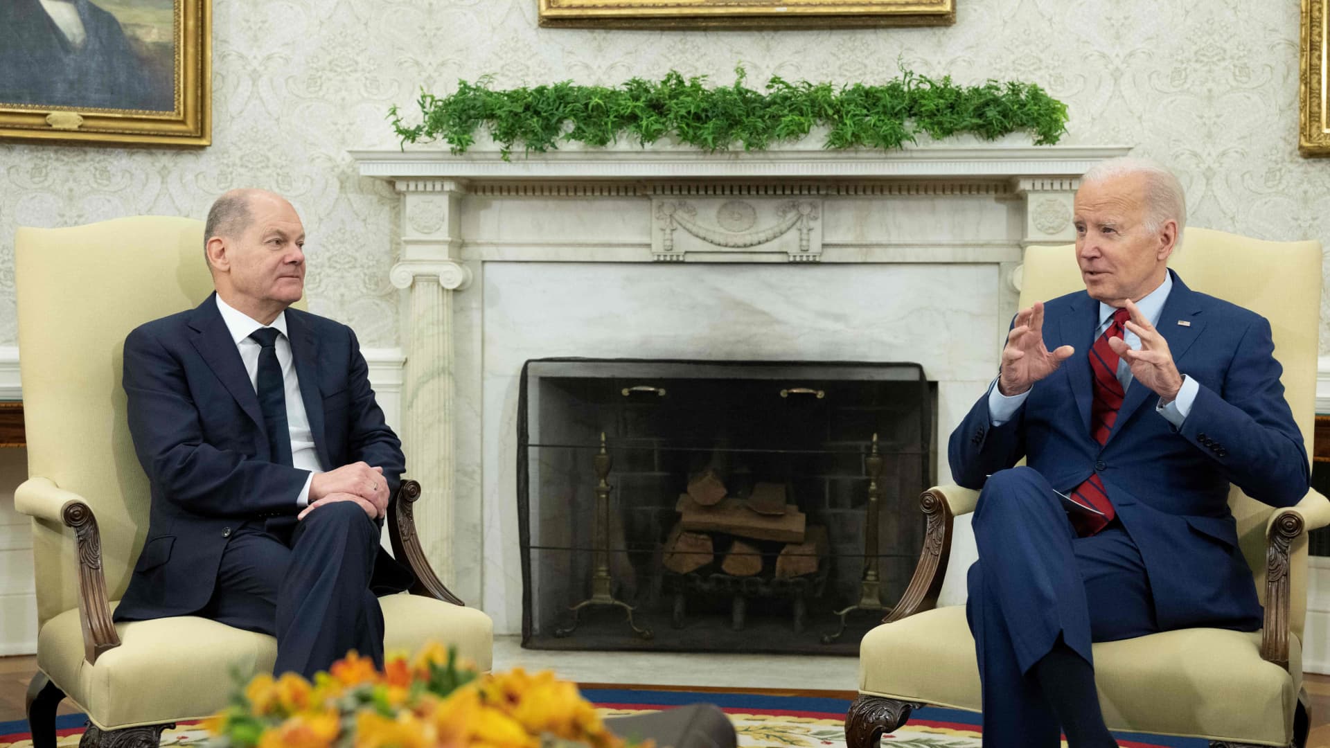 US President Joe Biden meets with German Chancellor Olaf Scholz in the Oval Office of the White House in Washington, DC, on March 3, 2023.