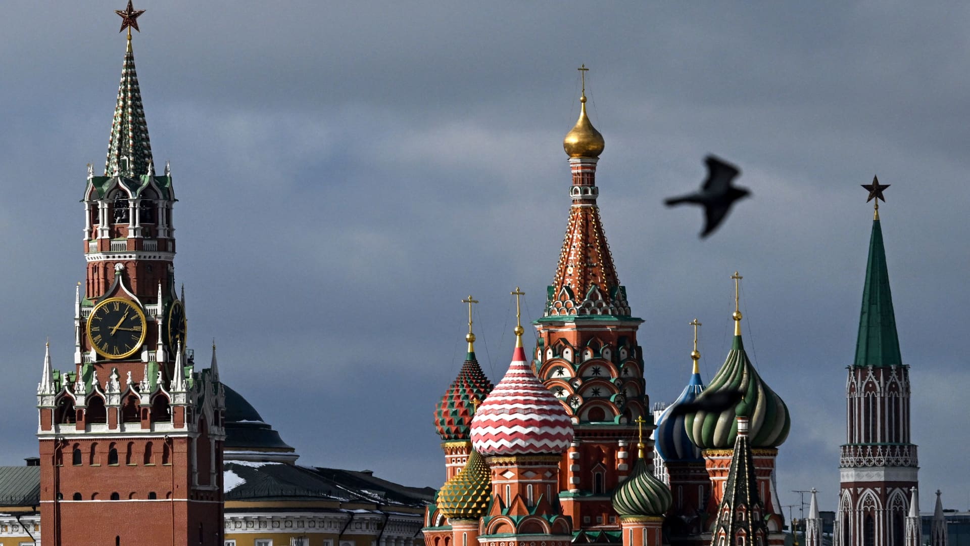 A pigeon flies in front of the Kremlin's Spasskaya tower (L) and Saint Basil's cathedral (C) in Moscow on March 1, 2023.