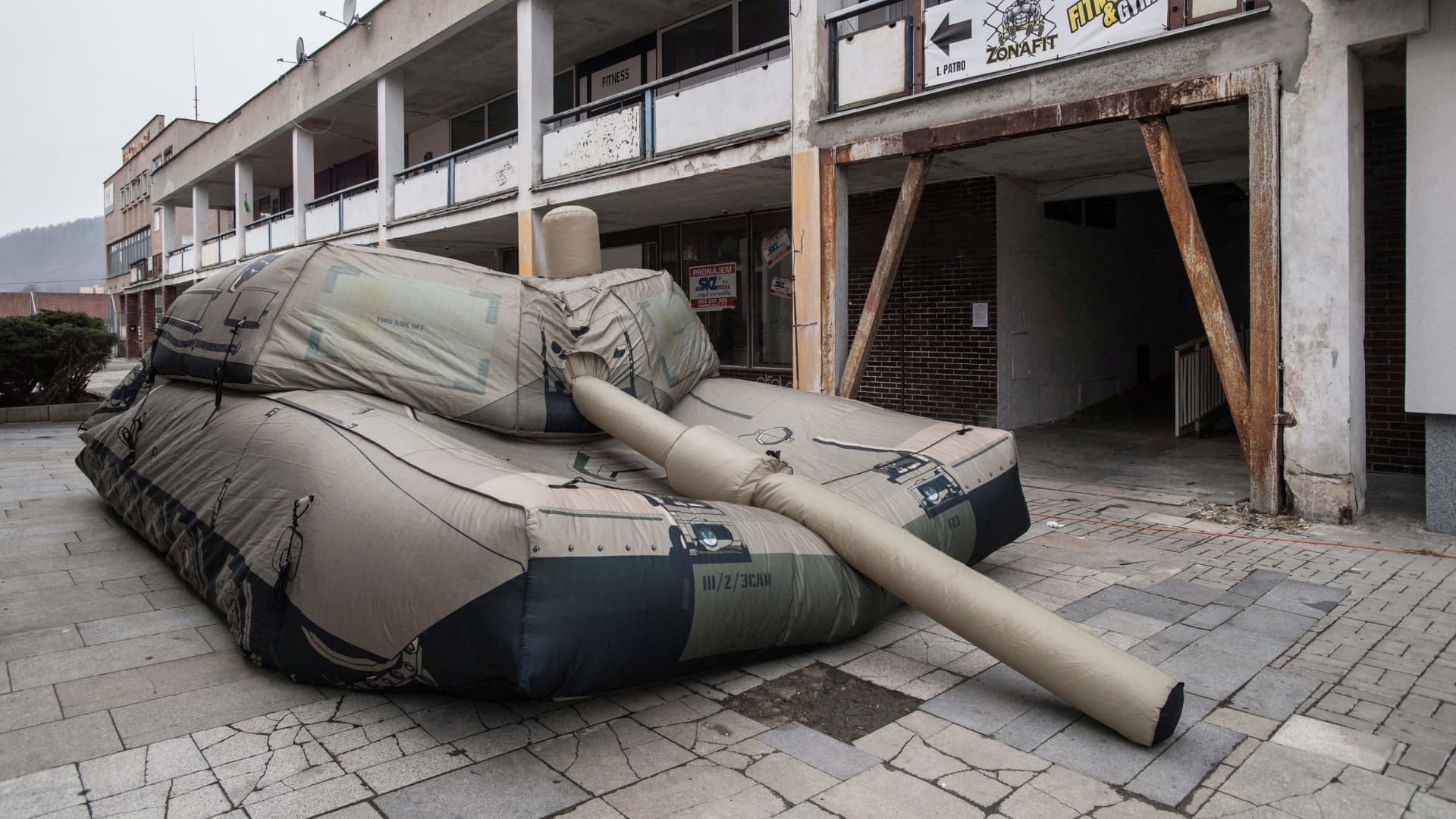 An inflatable decoy of an M1 Abrams tank is displayed during a media presentation in Decin, Czech Republic on March 6, 2023. 