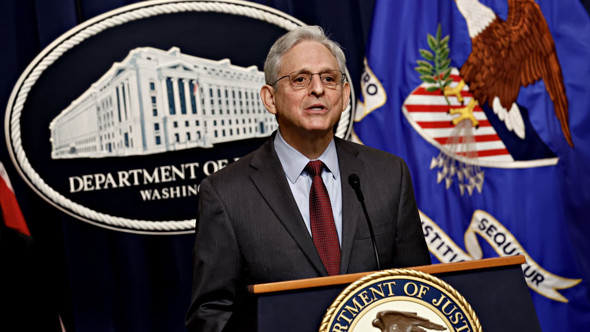 Merrick Garland, US attorney general, speaks during a news conference at the Department of Justice in Washington, DC, US, on Tuesday, March 7, 2023. The US Justice Department challenged JetBlue Airways Corp.'s $3.8 billion acquisition of Spirit Airlines Inc., filing an antitrust lawsuit seeking to block the deal. 