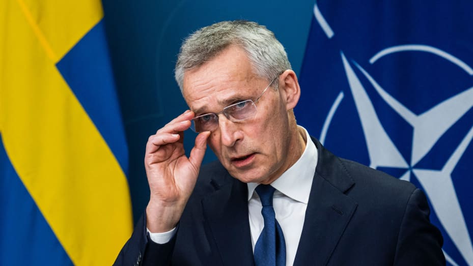 NATO Secretary General Jens Stoltenberg addresses a joint press conference with the Swedish prime minister in Stockholm on March 7, 2023, following a meeting with all Swedish party leaders who are in favor of a Swedish NATO membership.