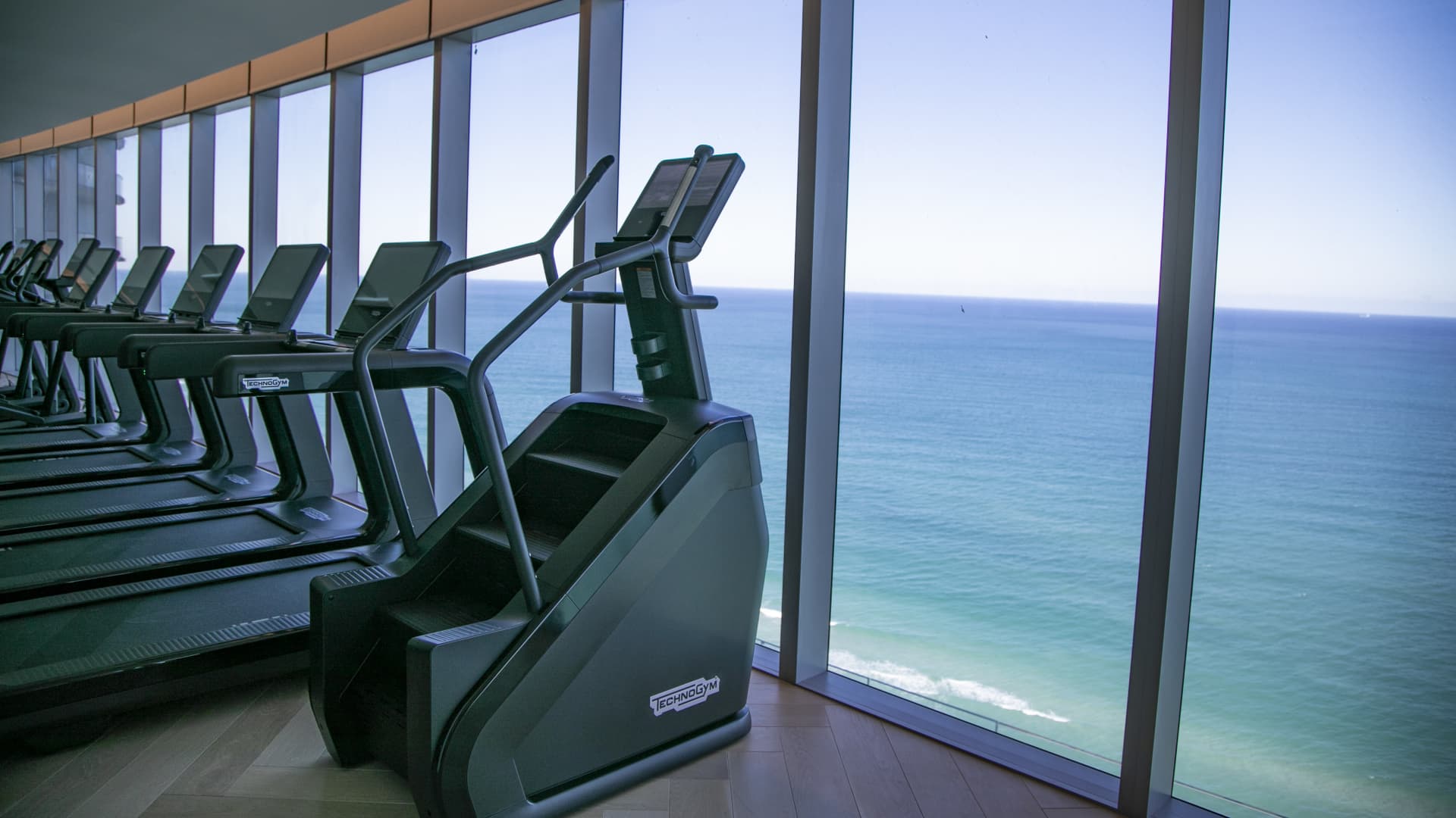 Inside the Sky Club's fitness center where the treadmills come with impressive views.