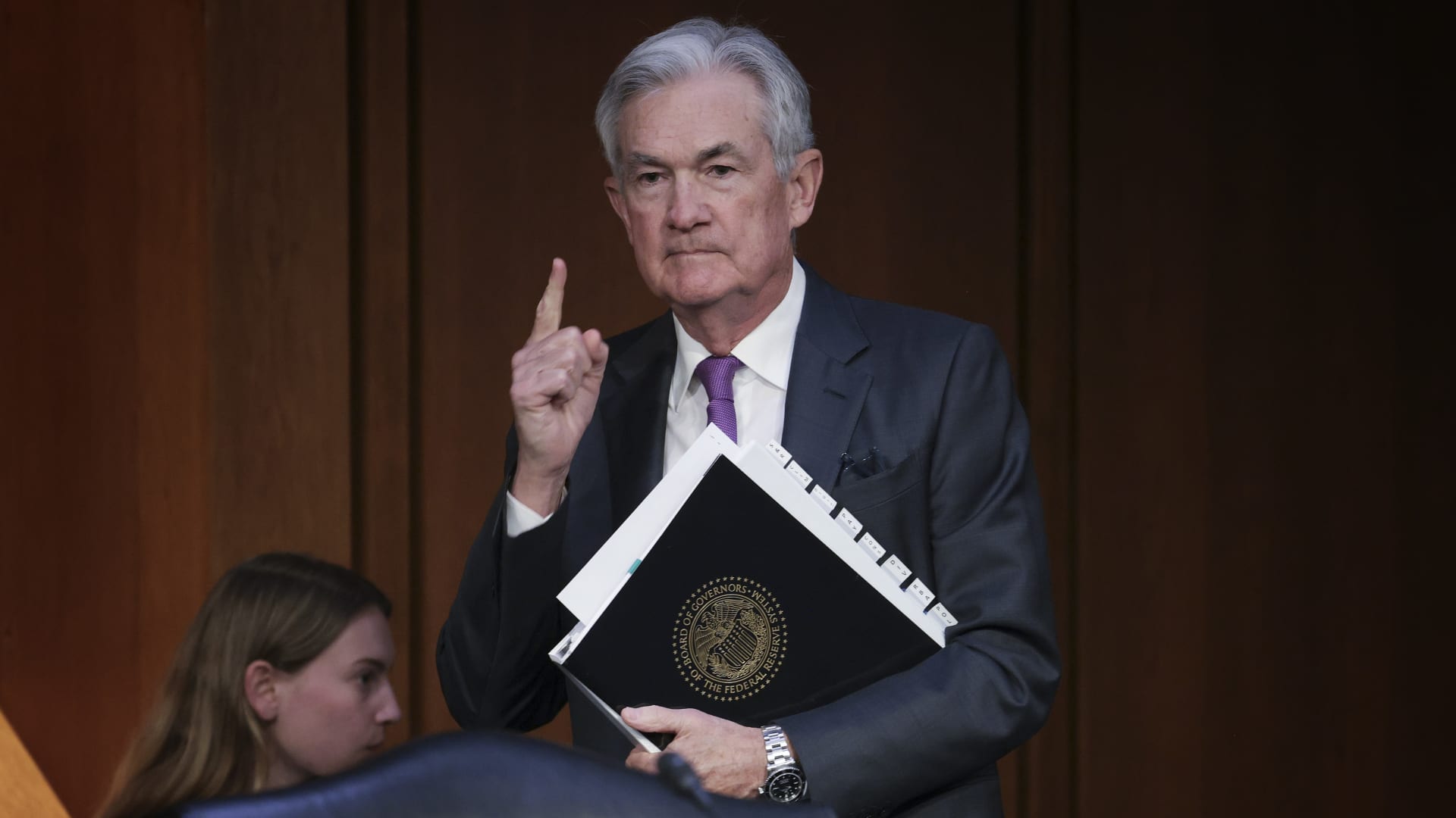 Federal Reserve Chair Jerome Powell arrives for testimony before the Senate Banking Committee March 7, 2023 in Washington, DC.