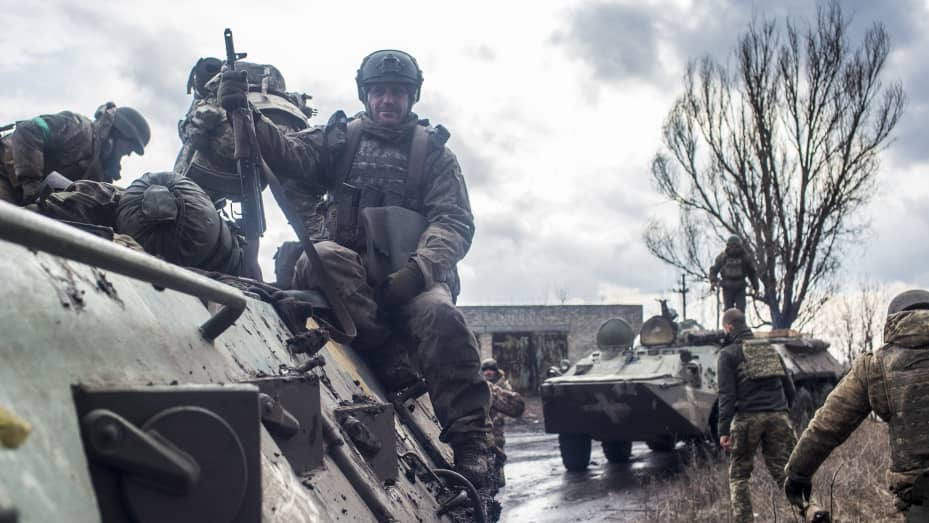 DONETSK OBLAST, UKRAINE - MARCH 07: Ukrainian soldiers are seen in the BTR military vehicles on the road in near the Bakhmut frontline as military mobility continues within the Russian-Ukrainian war in Chasiv Yar, Donetsk Oblast, Ukraine on March 07, 2023. (Photo by Marek M. Berezowski/Anadolu Agency via Getty Images)