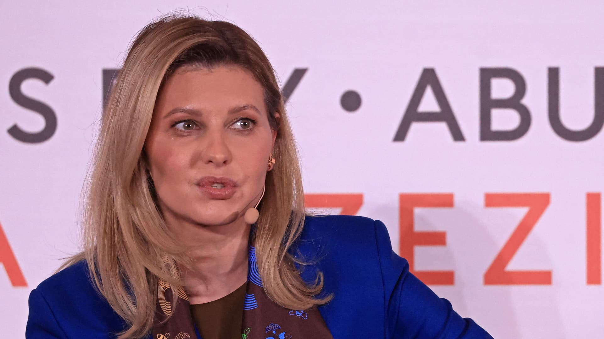 Ukraine's First Lady Olena Zelenska attends the Forbes 30/50 Summit in Abu Dhabi on March 8 2023 in celebration of International Womens Day.
