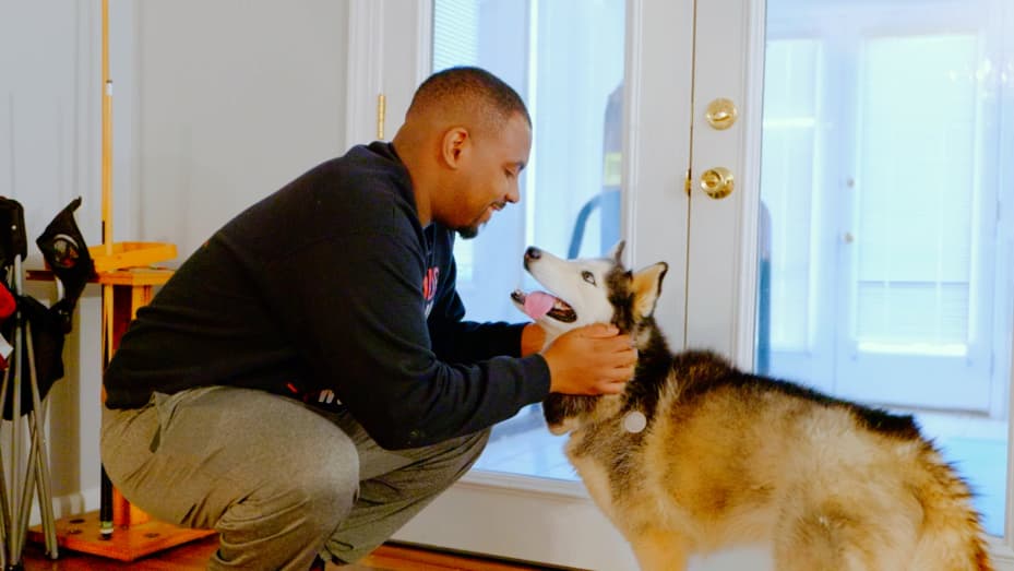 When he's traveling work, Tucker pays friends and family to take care of his dog, Skye.