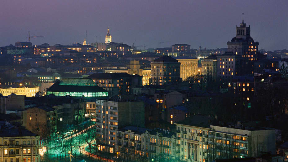 The Kyiv skyline at night.