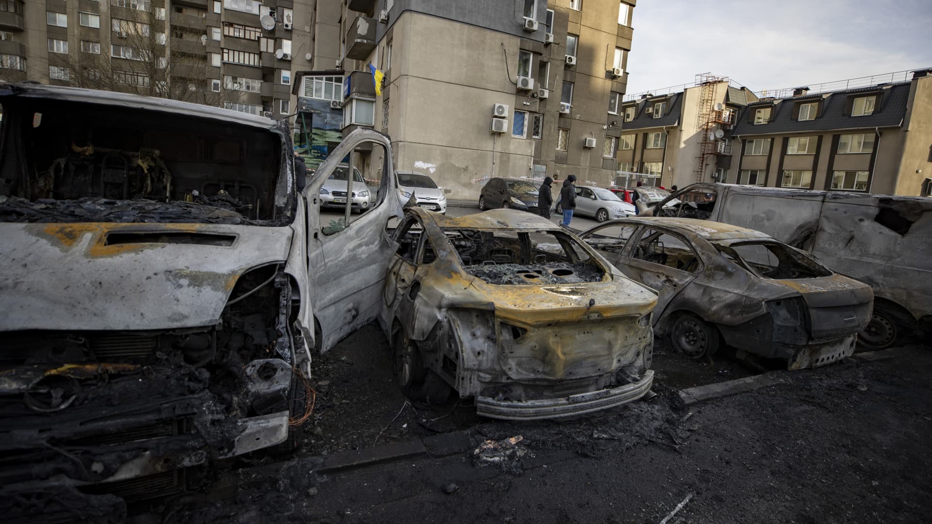A view of a site after explosions in Ukraine's capital Kyiv on March 9, 2023. Many vehicles were damaged by the explosions.