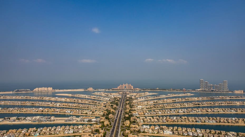 The Palm Jumeirah in Dubai, United Arab Emirates, on Wednesday, Sept. 28, 2022. The emirates prime real-estate prices surged 70.3% over the 12 months through September, making it the biggest gainer on Knight Franks global index, which focuses on a city's most desirable and expensive homes.