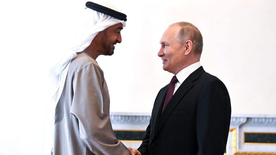 Russian President Vladimir Putin meets with President of the United Arab Emirates (UAE) Mohamed bin Zayed Al Nahyan in St. Petersburg, Russia on October 11, 2022.