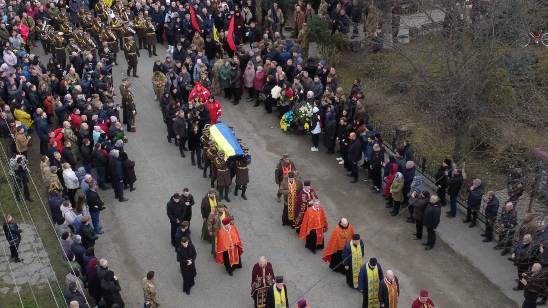An aerial view of the farewell ceremony for the Hero of Ukraine Dmytro Kotsiubailo “Da Vinci” on March 9, 2023 in Bovshiv, Ivano-Frankivsk Oblast, Ukraine. 