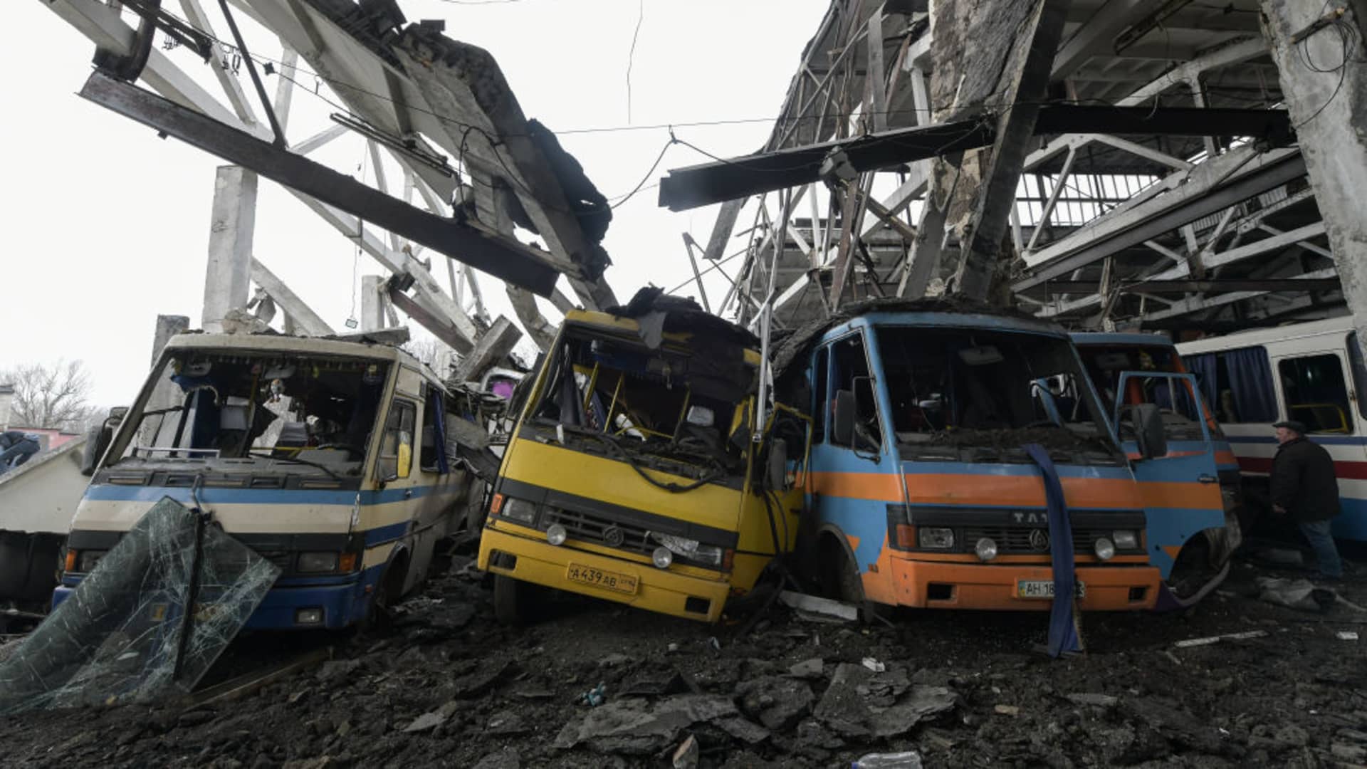 A view of bus depot after an artillery attack as one killed and another wounded in Volnovakha on the Russian-controlled territory on March 09, 2023.