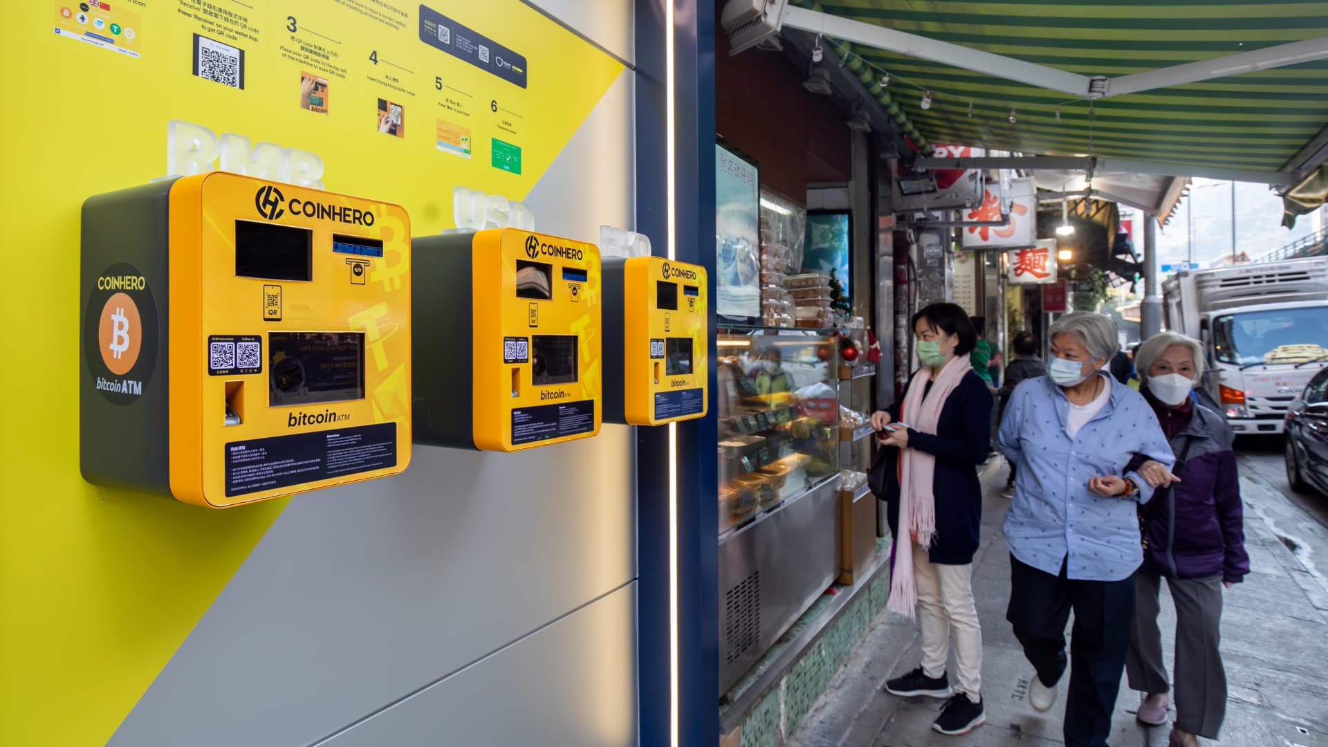 Bitcoin ATMs, operated by Coinhero, in Hong Kong, China, on Wednesday, Dec. 21, 2022.