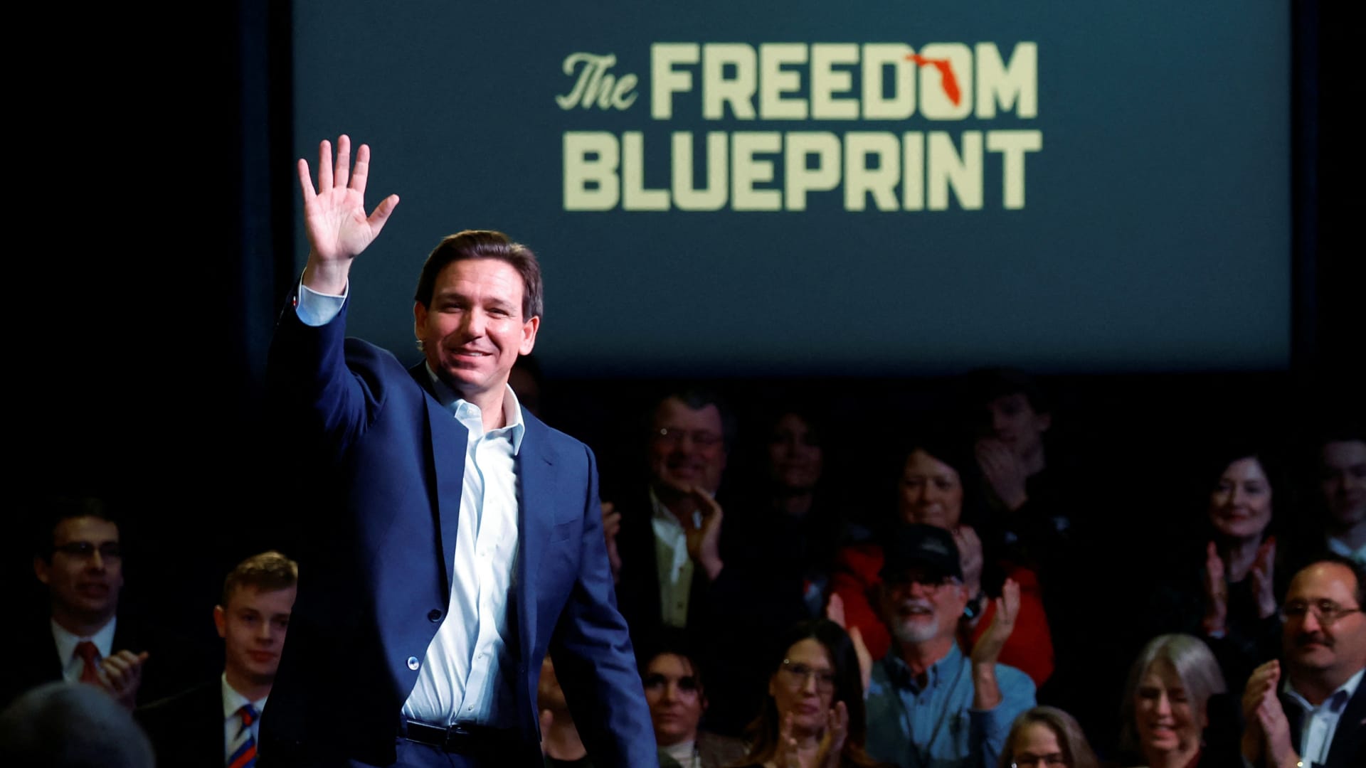 Florida Governor Ron DeSantis makes his first trip to the early voting state of Iowa for a book tour stop at the Rhythm City Casino Resort in Davenport, Iowa, U.S. March 10, 2023. 