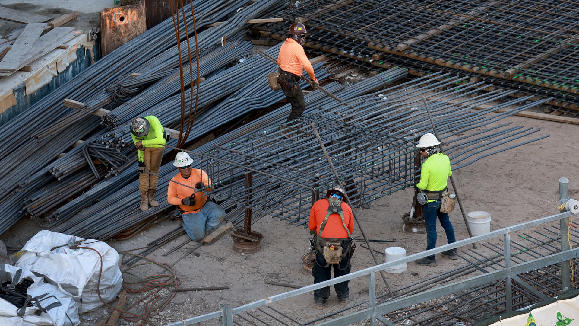 Construction workers on a job site on March 10, 2023 in Miami, Florida. A report released by the Bureau of Labor Statistics showed the US economy added 311,000 jobs in February. The unemployment rate ticked up to 3.6% from 3.4%. 