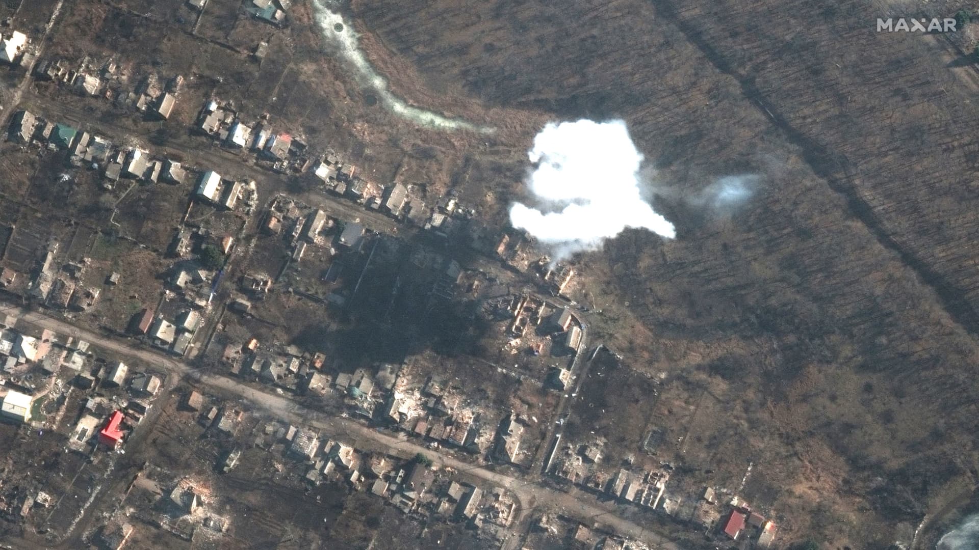 A satellite image shows smoke from recently dropped ordnance in southern Bakhmut, Ukraine, on March 6, 2023.