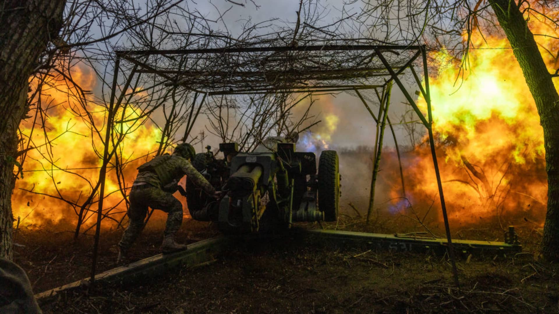 Ukrainian servicemen from the 10th Brigade brigade known as Edelwiess work along the frontline outside of Soledar, Ukraine on March 11, 2023