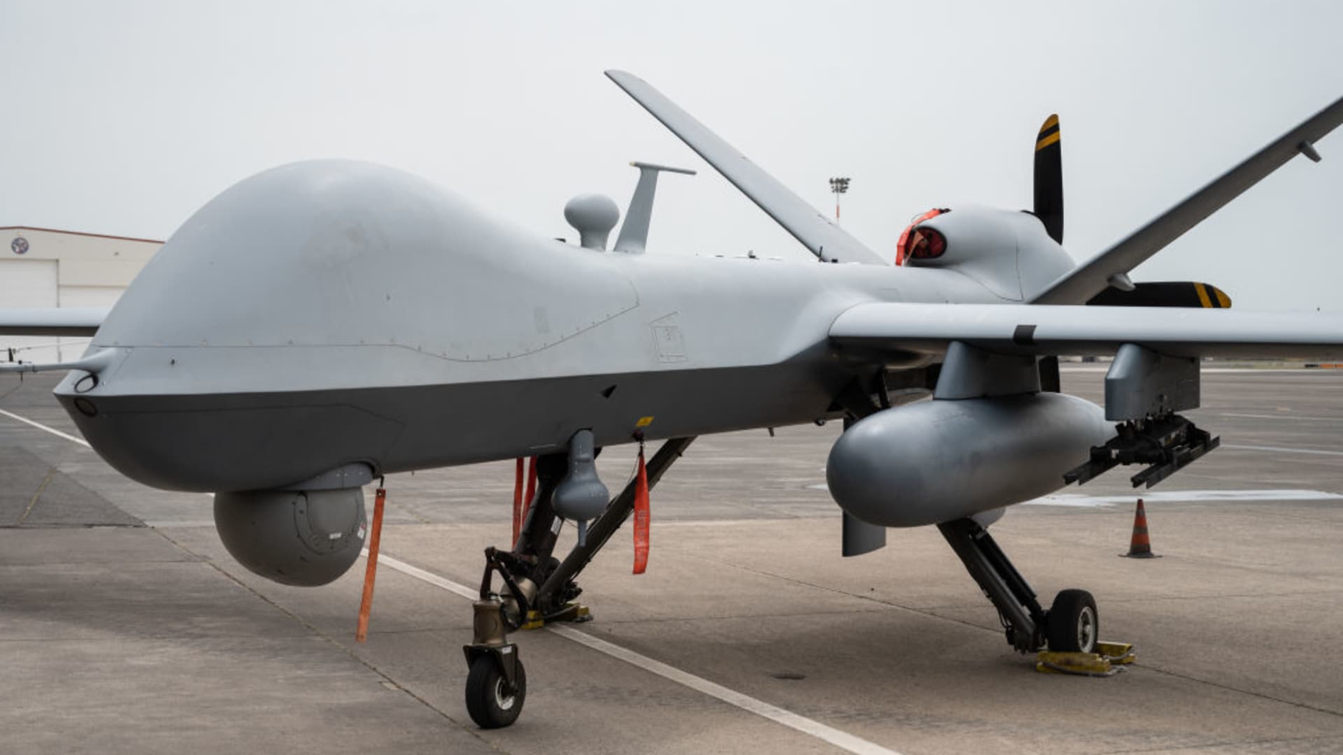 An Mq-9 Reaper type drone at the Naval Air Station at Sigonella, Sicily, the best equipped American intervention base in the Mediterranean on April 29, 2022 in Catania, Italy.