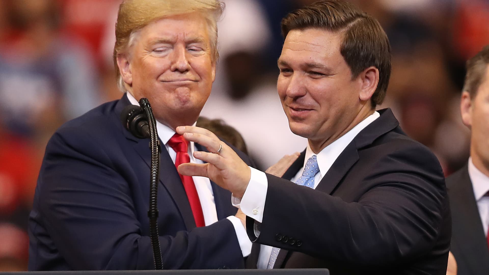U.S. President Donald Trump introduces Florida Governor Ron DeSantis during a homecoming campaign rally at the BB&T Center on November 26, 2019 in Sunrise, Florida. President Trump continues to campaign for re-election in the 2020 presidential race. 