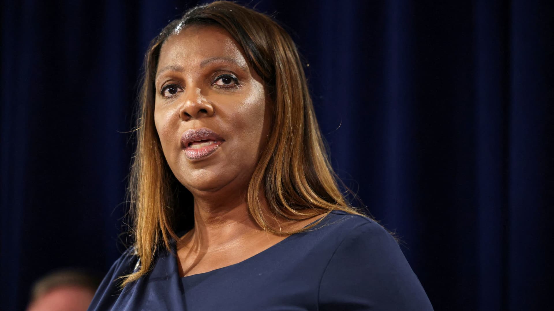 New York State Attorney General Letitia James speaks at a news conference after former U.S. President Donald Trump's White House chief strategist Steve Bannon arrived to surrender, in New York, September 8, 2022.