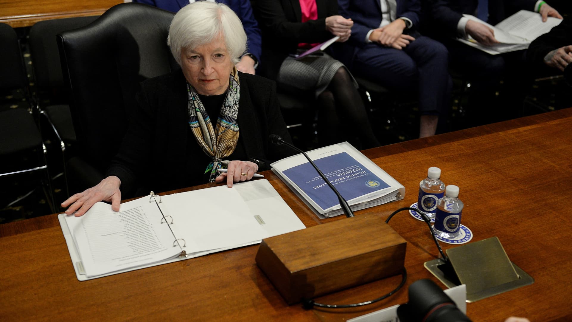 U.S. Treasury Secretary Janet Yellen sits to testify before a Senate Finance Committee hearing on U.S. President Joe Biden's proposed budget request for fiscal year 2024, on Capitol Hill in Washington, U.S., March 16, 2023. 