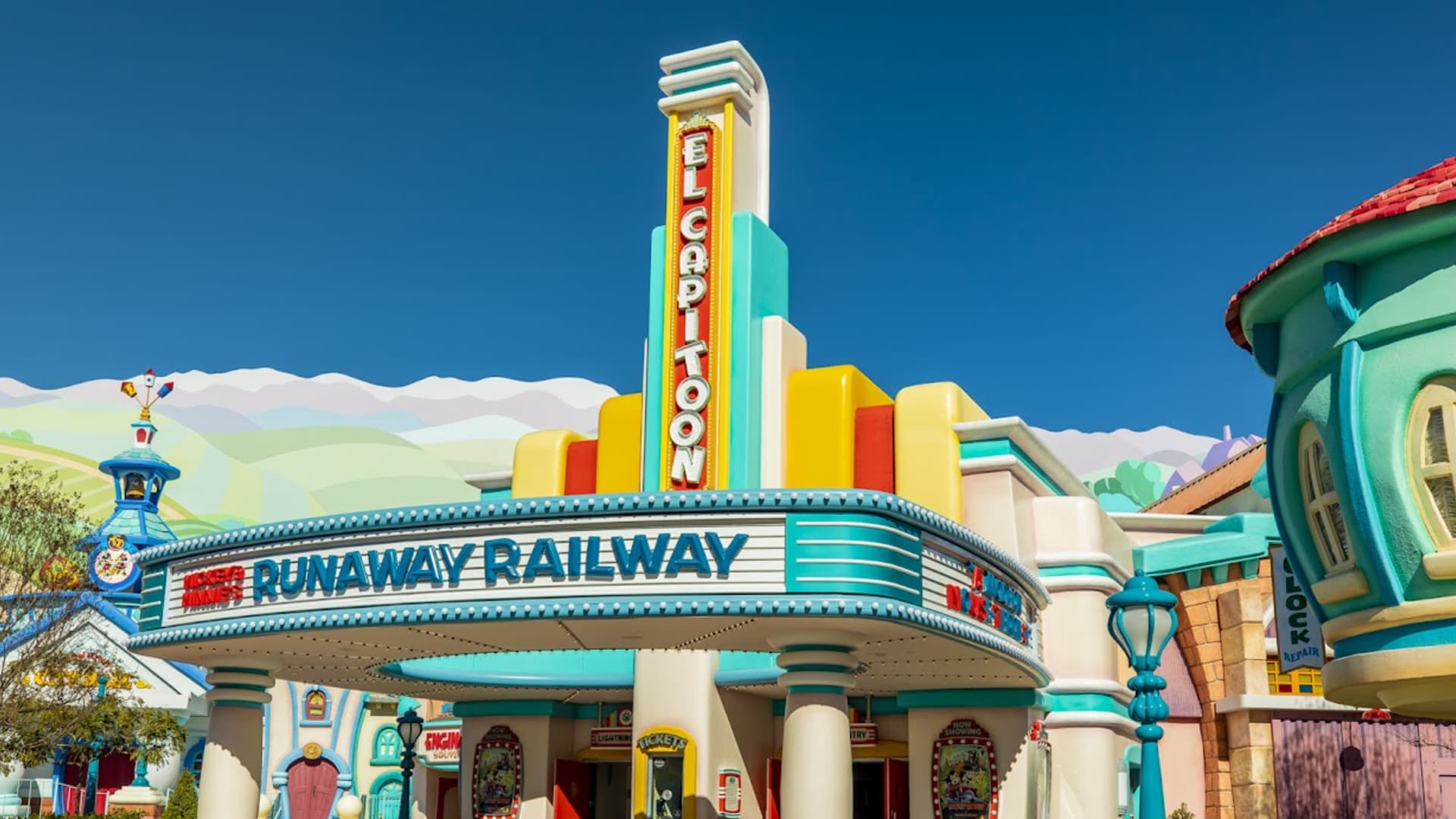 The El Capitoon Theatre exterior of Mickey and Minnie's Runaway Railway ride at Disneyland in Anaheim, California.