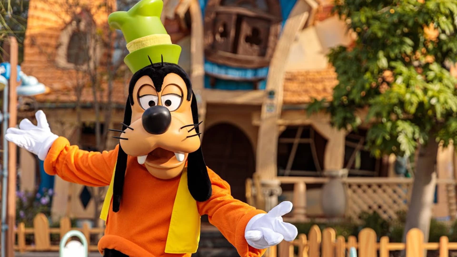 Goofy stands outside his new How-To-Play Yard at Mickey's Toontown in Disneyland.