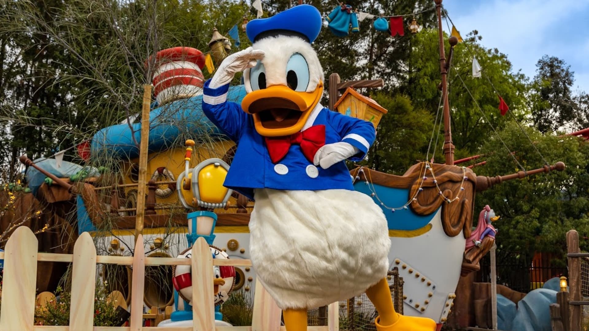 Donald Duck stands outside the new Duck Pond at Mickey's Toontown in Disneyland.