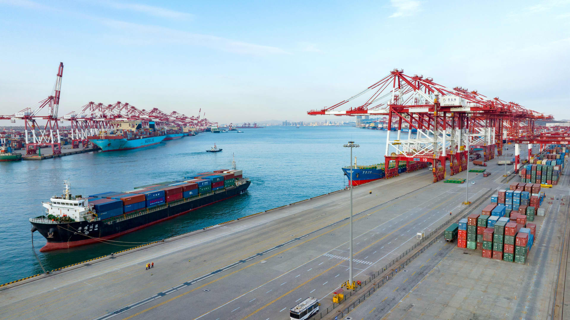 A general view of the container terminal in Qianwan of Qingdao Port, a port in Shandong Province, China, March 17, 2023. 