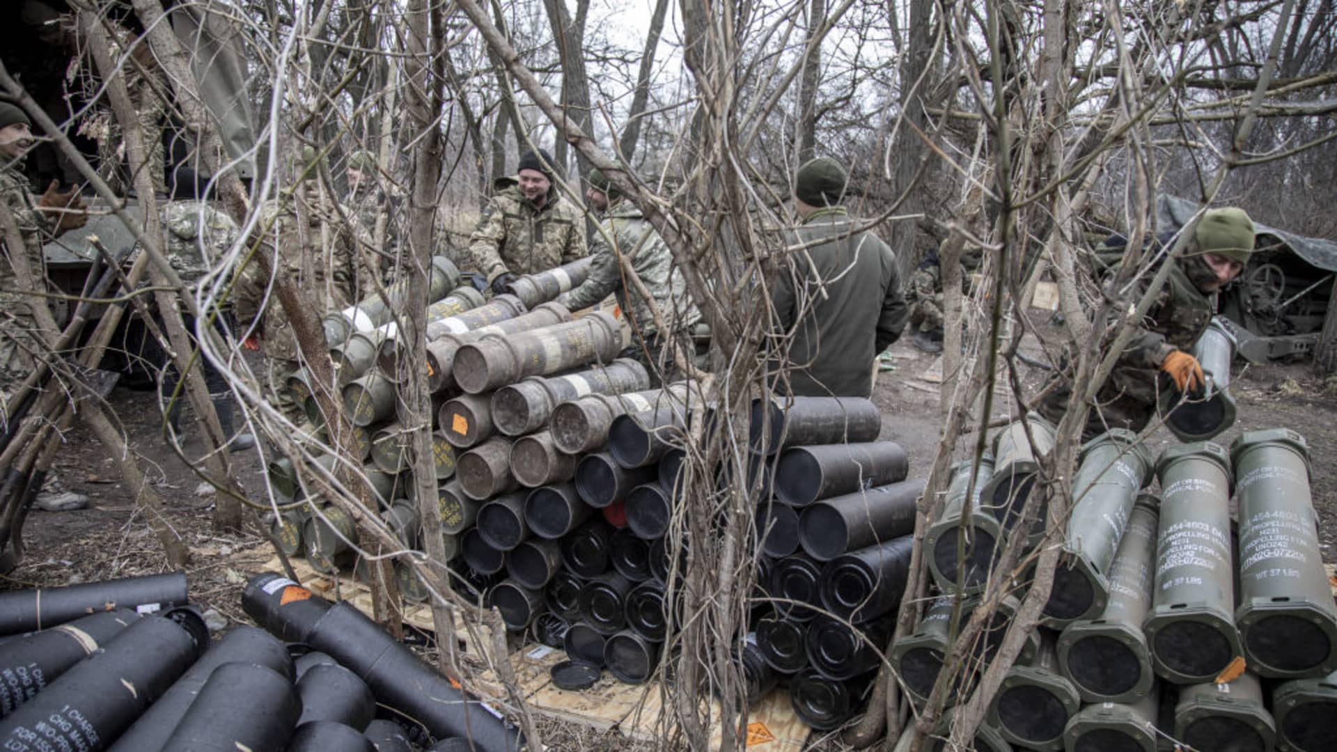 Ukrainian servicemen of the artillery unit unload rounds of ammunition in a position nearby Bakhmut as the Russia-Ukraine war continues in Chasiv Yar, Ukraine on March 18, 2023. 