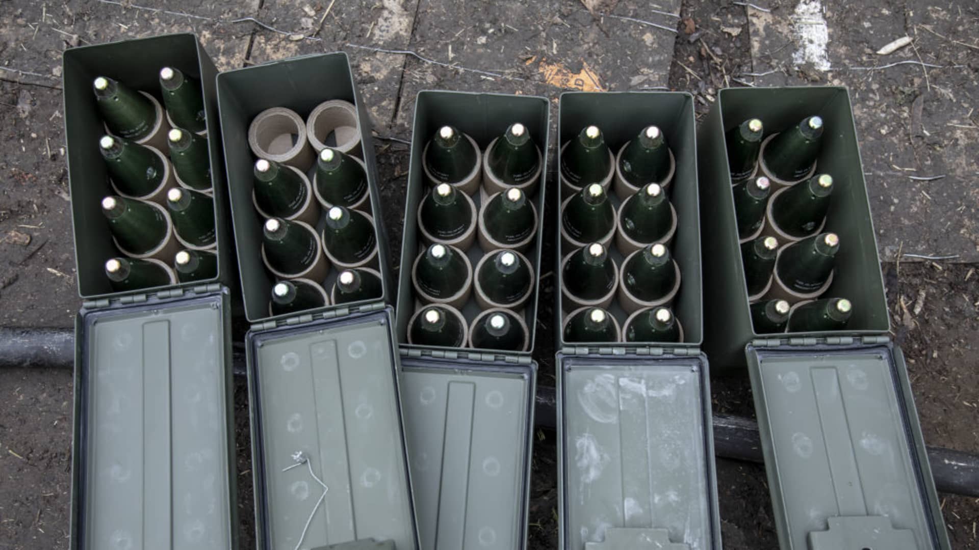Rounds of artillery ammunition are seen in a position nearby Bakhmut as the Russia-Ukraine war continues in Chasiv Yar, Ukraine on March 18, 2023. 