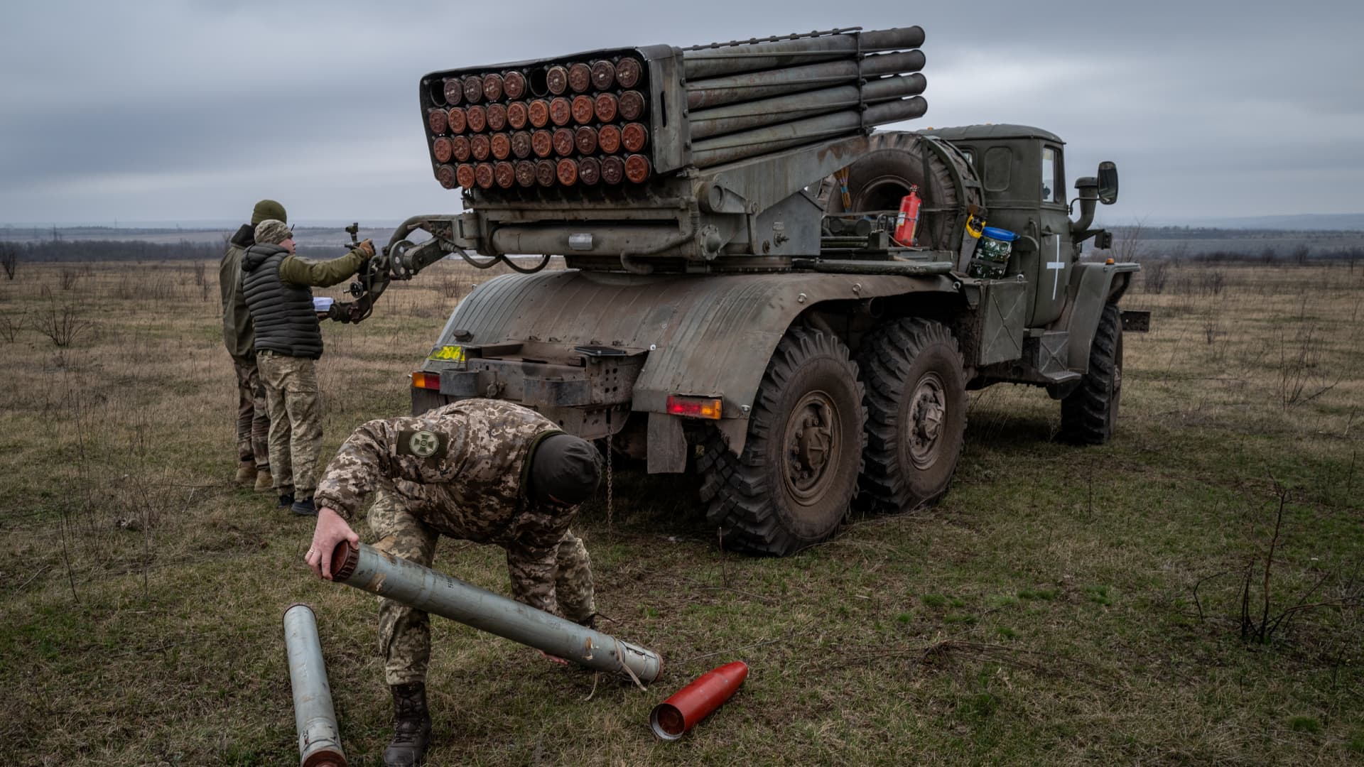 Ukrainian servicemen from 24th brigade operate a BM-21 Grad near the frontlines of Toretsk, Ukraine on March 18, 2023. 