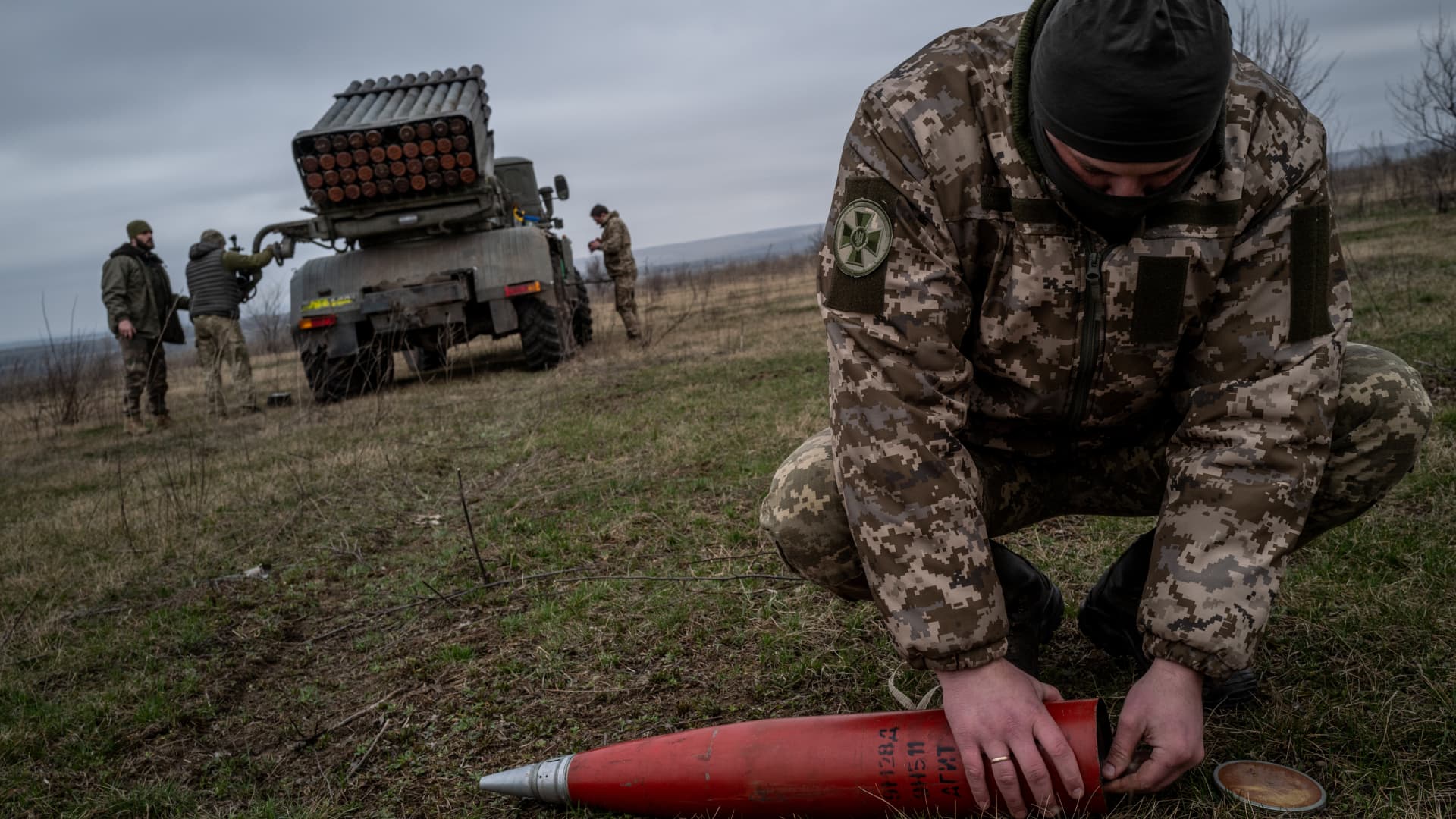 Ukrainian servicemen from 24th brigade operate a BM-21 Grad near the frontlines of Toretsk, Ukraine on March 18, 2023.