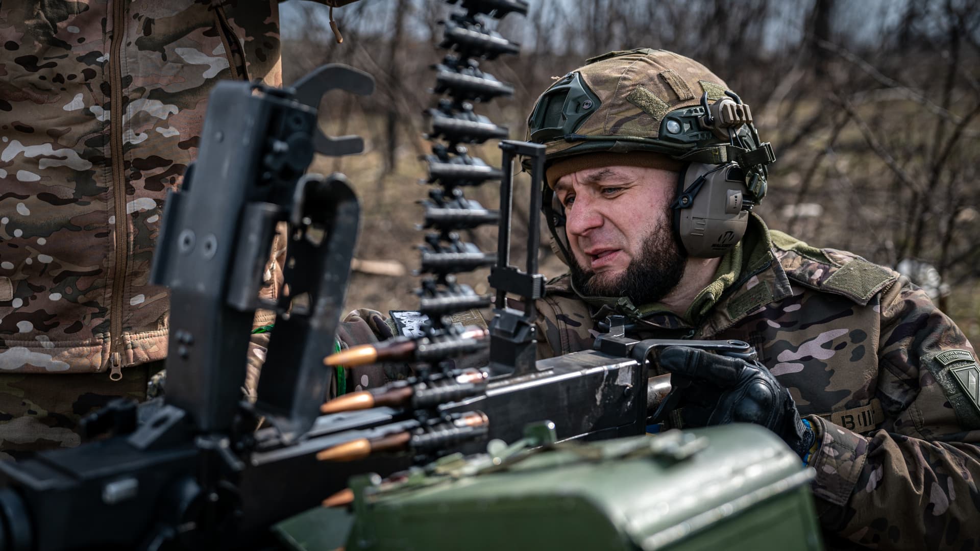 Ukrainian serviceman firing a machine gun at a firing range, Donetsk Oblast, Ukraine, March 15, 2023 