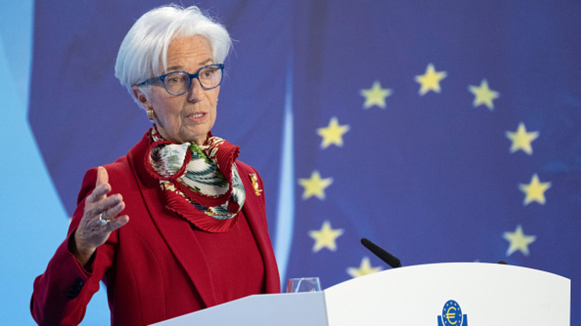 Christine Lagarde, President of the European Central Bank (ECB) speaks at a press conference following the Bank's latest Governing Council meeting.