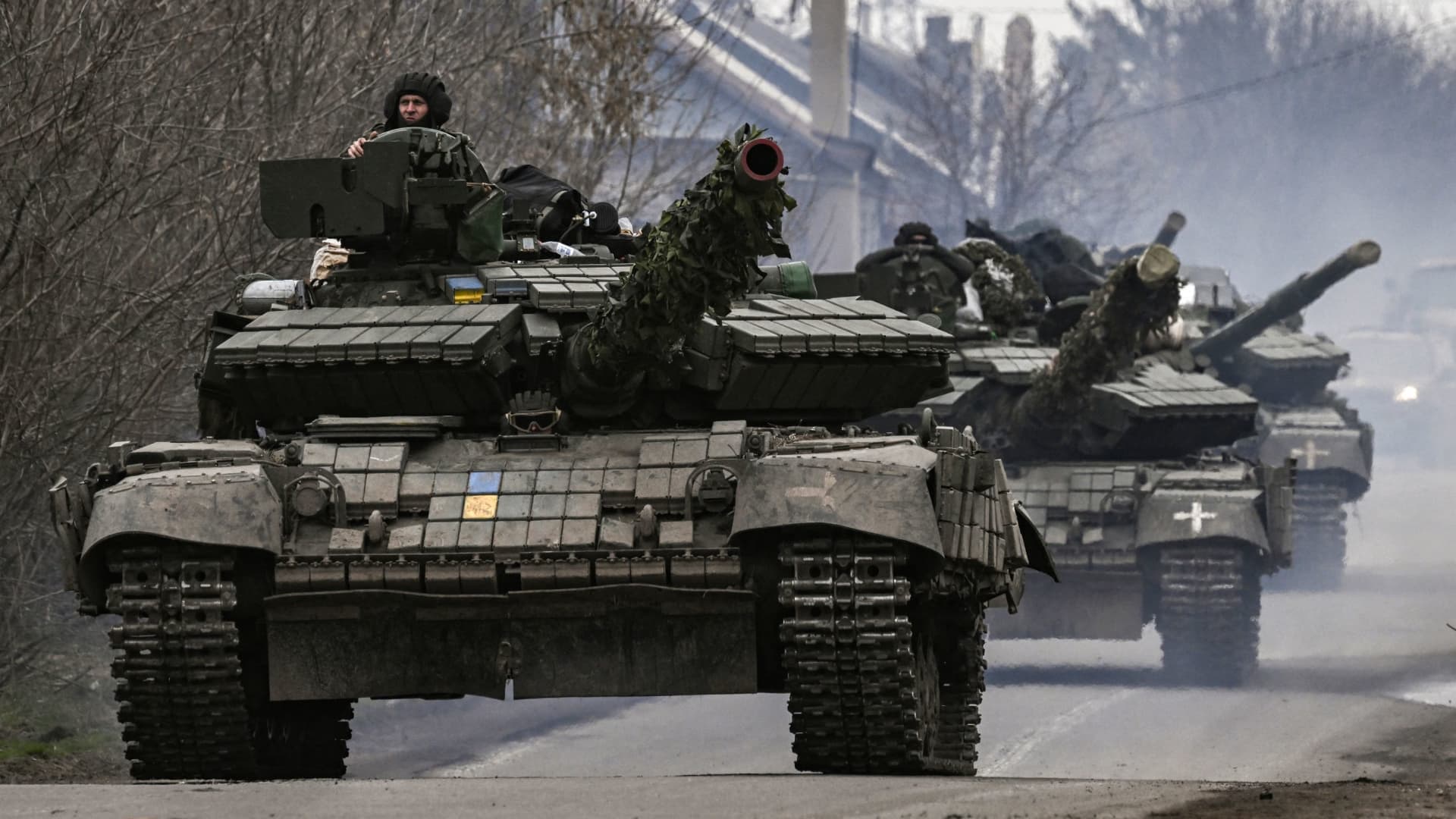 Ukrainian T64 tanks move towards Bakhmut direction, in Donetsk Oblast region, on March 20, 2023.