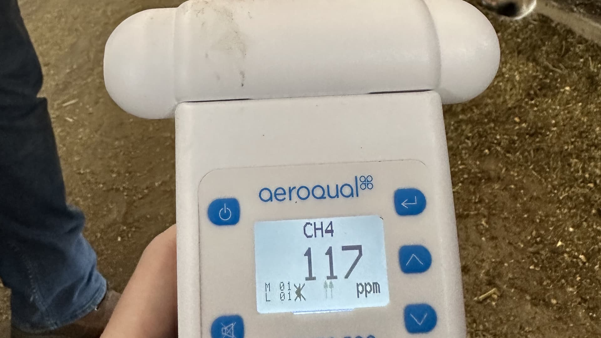 Measuring the methane in a dairy barn in 2022. Normal atmospheric conditions are supposed to be at 1.8 ppm, so this reading is more than 60 times higher than average. 